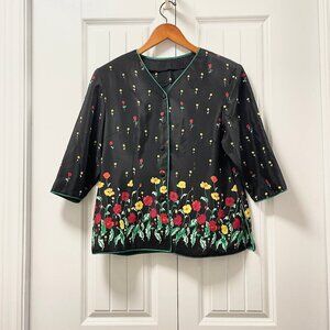 Vintage Floral Satin Button-Up Blouse Jacket – S